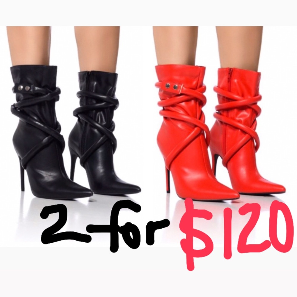 Faux leather bootie a pointed toe stiletto heel ropes that wrap-around the ankle